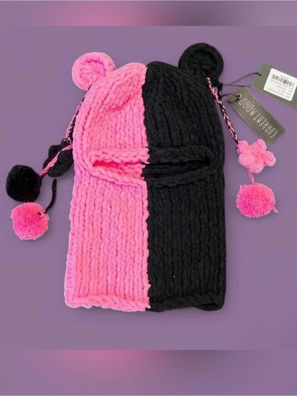 Dolls Kill Two-Tone Pink & Black Knit Balaclava with Pom Poms